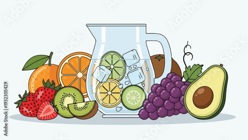 Illustration of water pitcher surrounded by fruits and ice