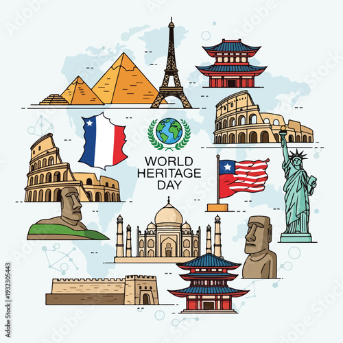 Illustration of World Heritage Day with landmarks around the world