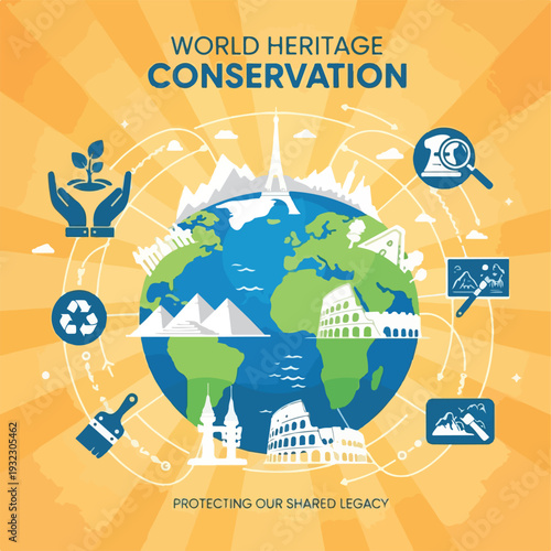 Illustration promoting world heritage conservation with various symbolic elements