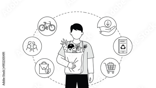 Man holding a reusable bag full of vegetables surrounded by icons of eco-friendly lifestyle choices like cycling and recycling at home.