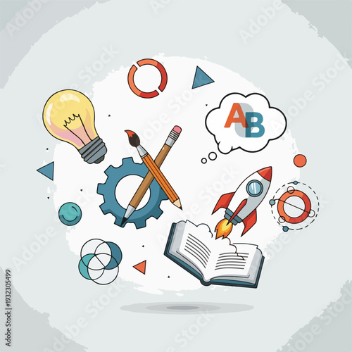Illustration with a rocket, book, lightbulb, and other creative elements
