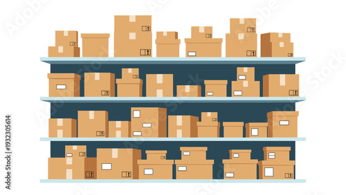 Large warehouse storage shelves filled with various brown cardboard boxes, representing logistics, inventory, and supply chain management.