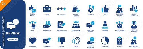 Review icon collection featuring satisfaction, rate, negative review, endorsement and feedback symbols. Solid vector icons.