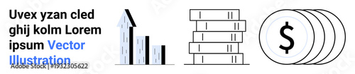 Financial management, economic growth, budgeting, stock market, banking, investment planning. Bar graph, stacked coins and dollar symbols . Financial growth and investment planning concept