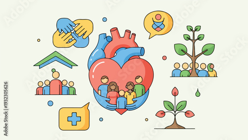 Illustration with heart, hands, people, trees, speech bubbles, and shapes