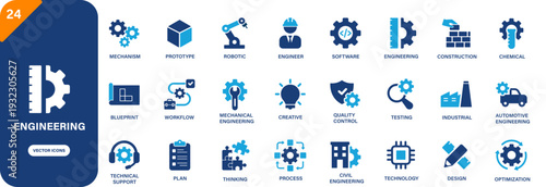 Engineering icon collection featuring robotic, construction, chemical, automotive engineering, software and design symbols. Solid vector icons.