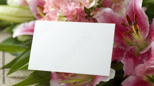 Blank card placed among pink flowers and green leaves for messages