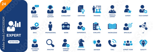 Expert icon collection featuring experience, skill, specialist, medical expert and certified symbols. Solid vector icons.