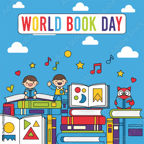 Illustration with kids, an owl, books, music notes, stars, and clouds