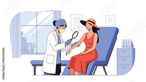 Female dermatologist wearing a white coat and mask using a magnifying glass to examine the skin on a patient arm in a medical clinic office.