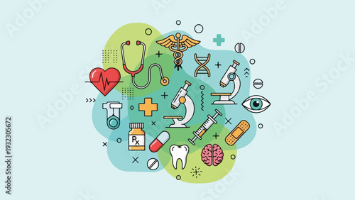 Illustration with medical icons on a colorful background, representing healthcare