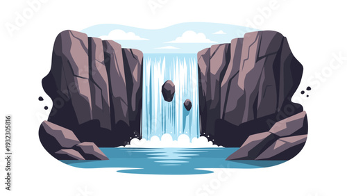 Majestic waterfall cascades down steep dark rocky cliffs into a serene blue pool of water under a bright cloudy sky.