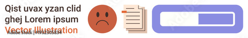 Productivity, emotions, data management, digital progress, error handling, UX design. A sad emotion, document and progress bar combination frustration. Productivity and emotions concept