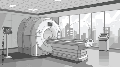 Modern MRI scanner equipment stands ready in a clean clinical hospital room overlooking a detailed city skyline through the window.