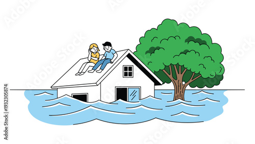 Concerned man and woman sit on the roof of their partially submerged white house waiting for rescue during a major flood disaster.
