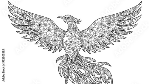 Detailed black and white illustration of a phoenix with outstretched wings adorned with floral patterns on a plain white background.