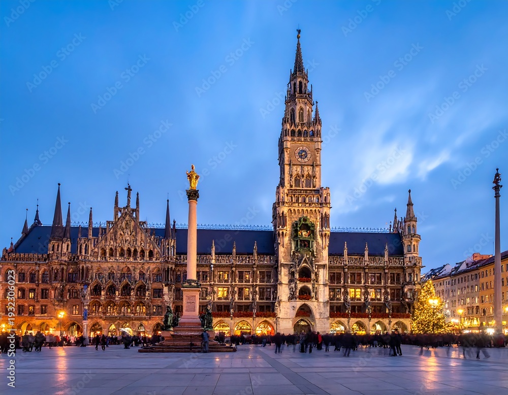 Obraz premium A majestic European city square at dusk with a large ornate building