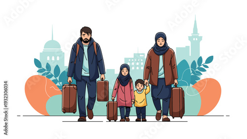 Displaced refugee family carrying heavy suitcases walks through an urban landscape seeking safety and a new home in a different country.