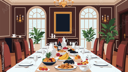 Elegant formal dining room features a long table laden with fresh fruits, wine, and delicious dishes under a large golden chandelier.