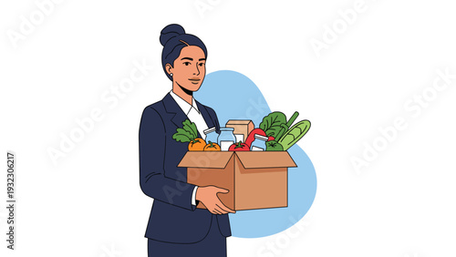 Businesswoman in a dark suit carries a cardboard box filled with fresh vegetables, fruit, and bottled milk against a blue background.