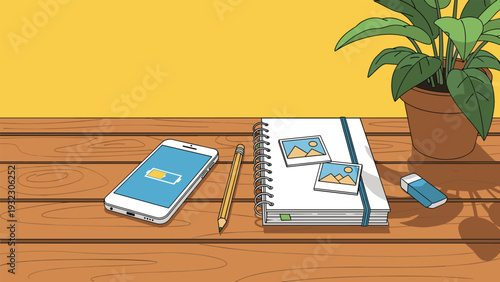 Wooden desk surface holds a smartphone with a low battery icon, a yellow pencil, an eraser, and a spiral notebook with two photos.