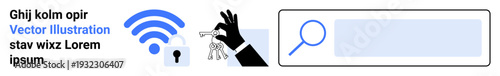 Cybersecurity, privacy protection, online search tools, wireless security, data access control, authentication. wireless symbol, lock icon hand holding keys search bar. Cybersecurity and privacy