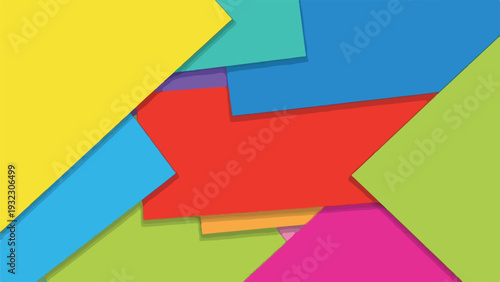 Overlapping geometric shapes of various bold and bright colors