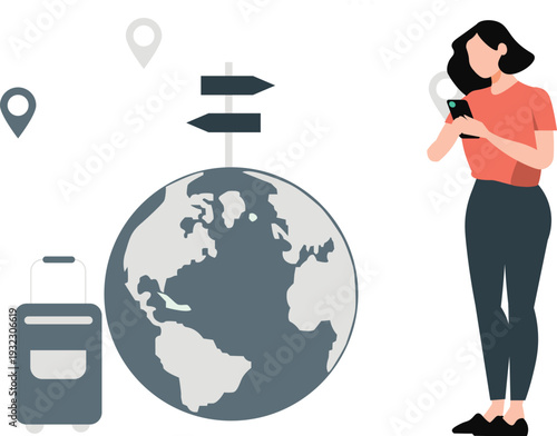 The girl is using mobile for world tour location.