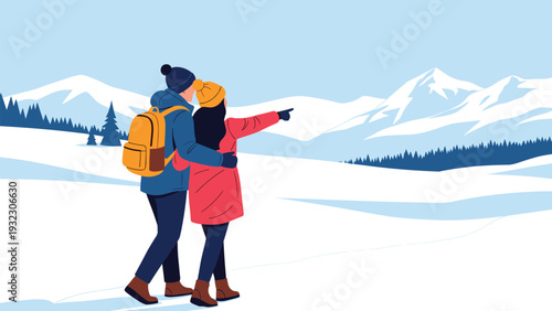 Young couple wearing warm winter gear stands together in a vast snowy field pointing towards the majestic white mountain peaks.
