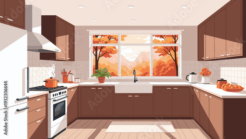 Spacious modern kitchen with brown cabinets and white countertops offers a stunning view of an orange autumn forest through the window.