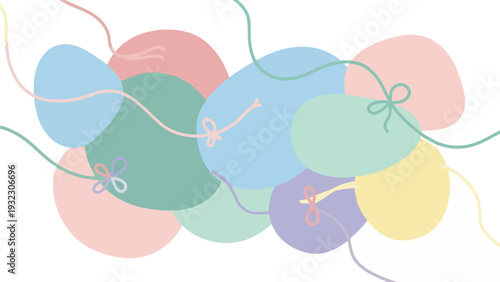 Pastel-colored balloons with ribbons in a simple, playful illustration style
