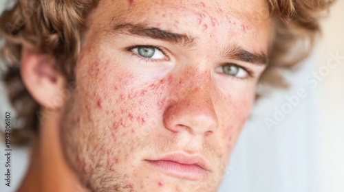 Young man with curly hair and acne showing his face up close indoors