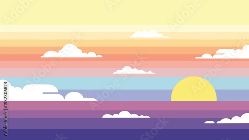 Pixelated artwork showing a sunset with horizontal color bands and white clouds