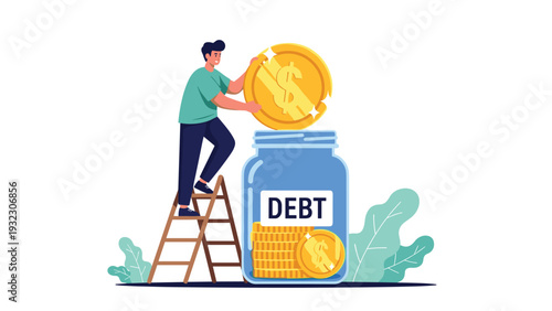 Man climbs a wooden ladder to drop a large golden coin into a glass jar labeled debt that already contains many coins.