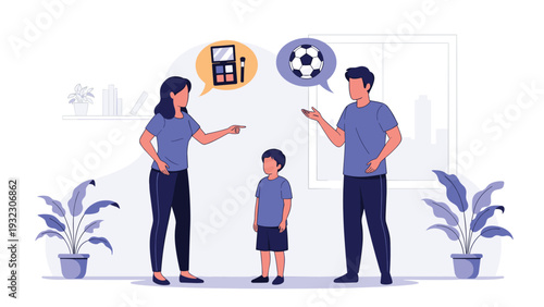 Concerned parents argue and point fingers at each other while their young son stands quietly between them in the living room.