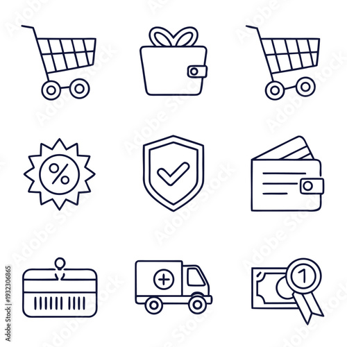 Shopping icons set vector with cart basket bag gift box credit card and retail e commerce symbols for web and business design