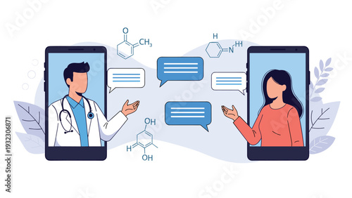 Modern telemedicine concept features a doctor and a patient communicating through video calls on two large smartphones.