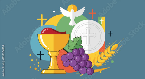 Religious symbols illustration, featuring a chalice, grapes, dove, and a host