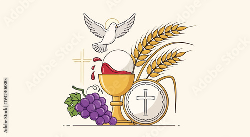 Religious iconography featuring a chalice, dove, and other symbols