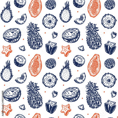 Seamless vector pattern of tropical fruits, hand-drawn whimsical illustrations: papaya, dragon fruit, pineapple, carambola, kiwi, coconut, passion fruit. Fun playful designs for fabrics 