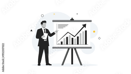 Professional businessman stands next to a flip chart showing a rising growth arrow and bar graph during a corporate presentation.