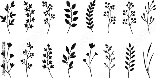 Collection of various black and white floral illustrations