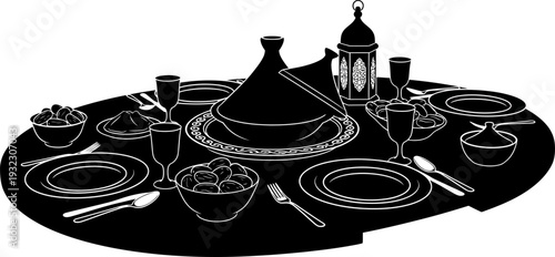Abundant iftar table silhouette featuring traditional tagine and dates for a pristine ramadan feast