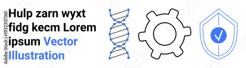Genetics, security, technology, functionality, innovation, operation. DNA strand, gear mechanism shield with checkmark. Genetics and security concept innovation and advanced systems