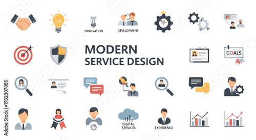 Set of flat vector icons related to service design, and collaboration