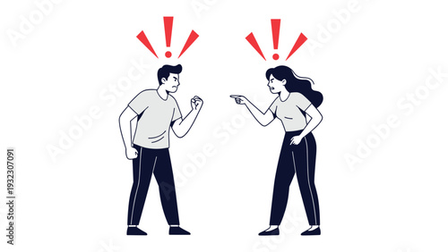 Angry man and woman in black and white confront each other with shouting and pointing fingers under red exclamation marks.