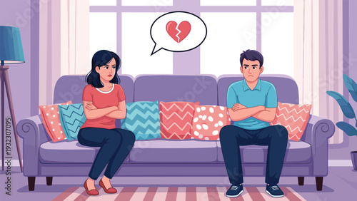 Unhappy man and woman sit apart on a purple sofa with arms crossed while a broken heart speech bubble floats between them.