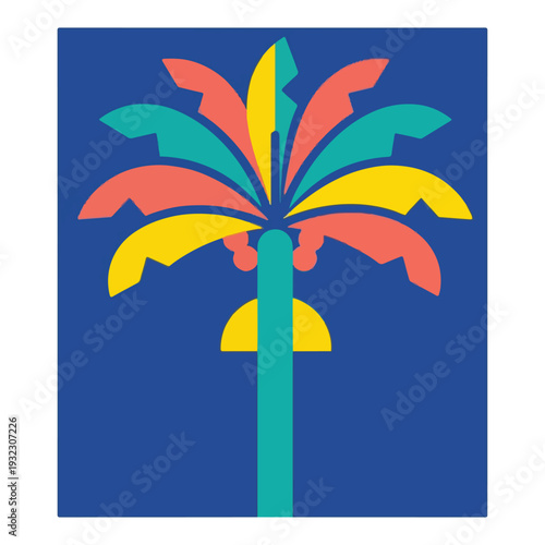 Simplified, colorful illustration featuring a vibrant palm tree graphic