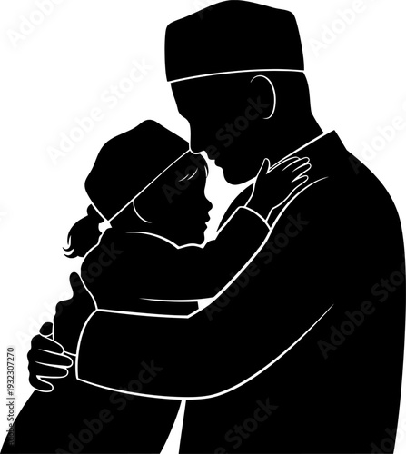 Authentic moment of fatherly affection as a man embraces a small child during a quiet spiritual reflection in a high-contrast silhouette