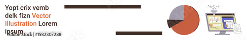 Business analytics, digital reporting, marketing strategy, online tools, presentations, corporate workflow. A pie chart with a monitor analytics. Business analytics and digital reporting concept